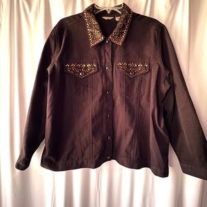 Laura Ashley Black Denim Cotton Jacket Embelleshed Gold Silver & Black Metal 2X